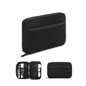 Bolsa organizadora espaçosa para acessórios tecnológicos em poliéster reciclado 600D twill - Enova Brindes Personalizados