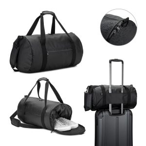 Bolsa esportiva em formato cilíndrico em poliéster reciclado 600D de alta densidade com compartimento lateral para sapatos 32 L - Enova Brindes Personalizados