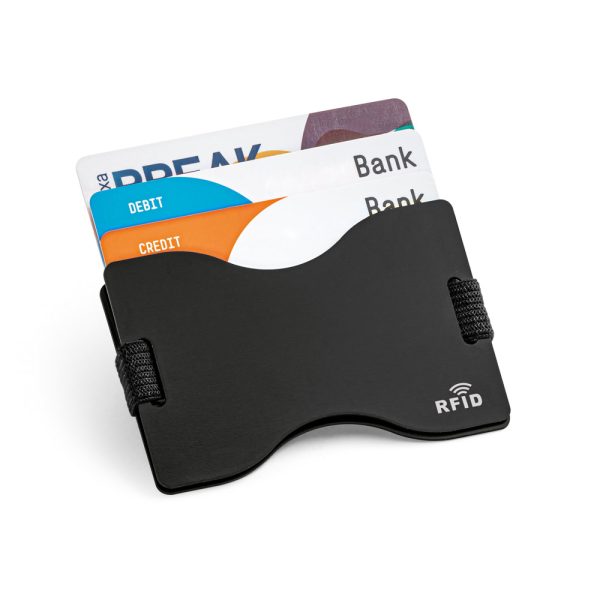 Porta cartões com bloqueio RFID e fita elástica em poliéster - Brinde Corporativo Personalizado | Enova