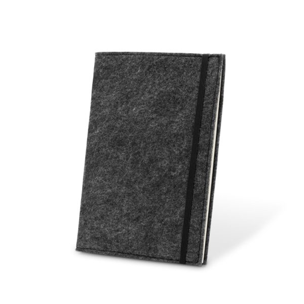 Caderno A5 com capa em feltro 100% reciclado, com 160 páginas pautadas recicladas - Brinde Corporativo Personalizado | Enova