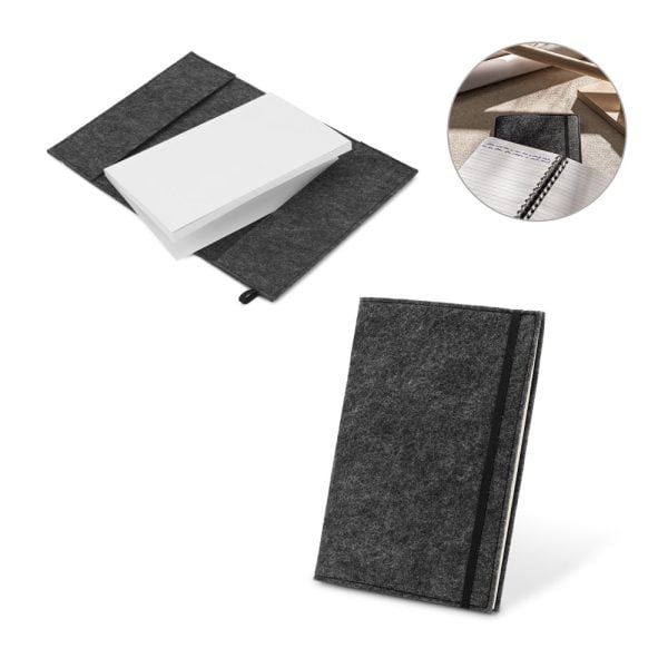 Caderno A5 com capa em feltro 100% reciclado, com 160 páginas pautadas recicladas - Enova Brindes Personalizados