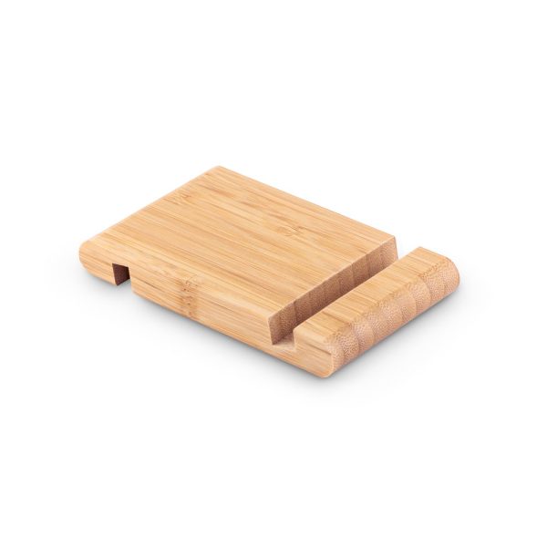 Suporte para celular em bambu com duas canaletas de tamanhos diferentes - Brinde Corporativo Personalizado | Enova