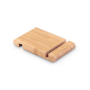 Suporte para celular em bambu com duas canaletas de tamanhos diferentes - Brinde Corporativo Personalizado | Enova