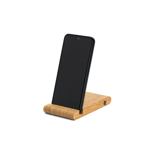 Suporte para celular em bambu com duas canaletas de tamanhos diferentes - Brinde Corporativo Personalizado | Enova
