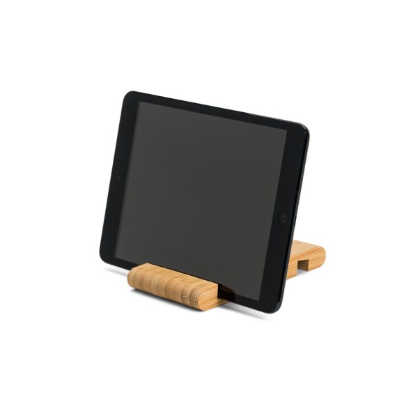 Suporte para celular em bambu com duas canaletas de tamanhos diferentes - Brinde Corporativo Personalizado | Enova