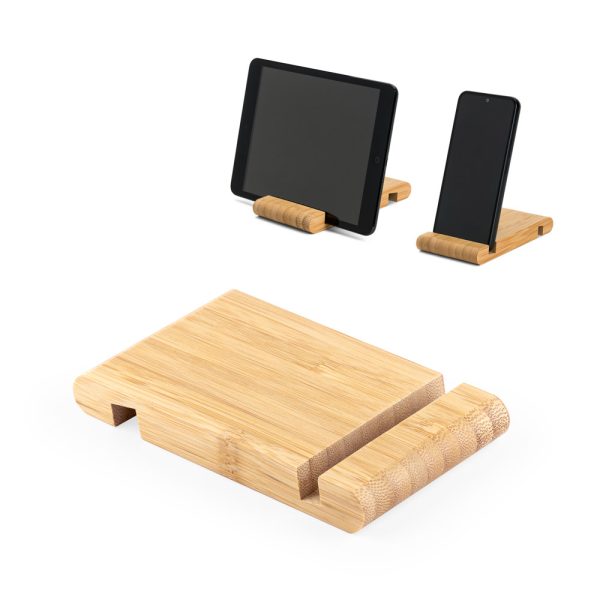 Suporte para celular em bambu com duas canaletas de tamanhos diferentes - Enova Brindes Personalizados