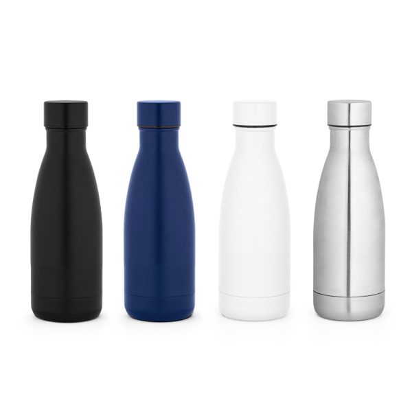 Garrafa térmica em aço inox 90% reciclado com parede dupla, isolada a vácuo e acabamento em mate 400 mL - Enova Brindes Personalizados