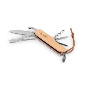 Canivete multifunções em bambu e aço inox com cordão em PU com 7 funções - Brinde Corporativo Personalizado | Enova