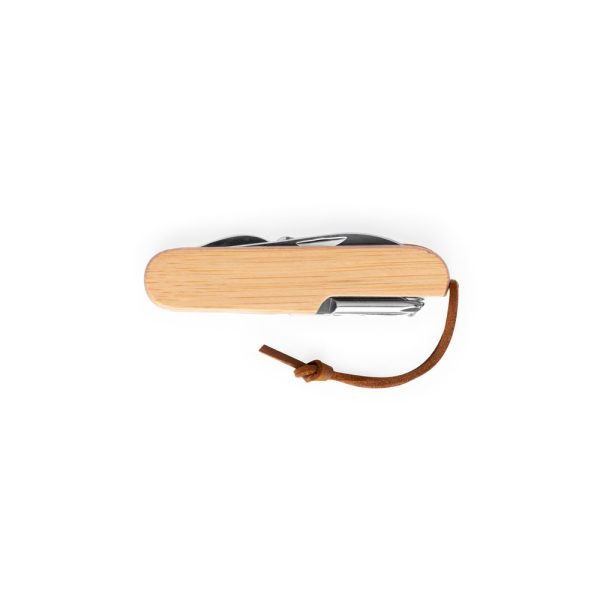 Canivete multifunções em bambu e aço inox com cordão em PU com 7 funções - Brinde Corporativo Personalizado | Enova