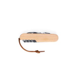 Canivete multifunções em bambu e aço inox com cordão em PU com 7 funções - Brinde Corporativo Personalizado | Enova