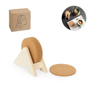 Porta copos em madeira com 6 bases para copos em cortiça - Enova Brindes Personalizados
