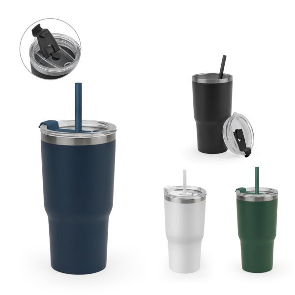 Copo de viagem compacto em aço inox 91% reciclado com parede dupla isolada a vácuo e acabamento mate 600 mL - Enova Brindes Personalizados