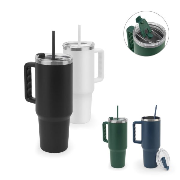 Copo de viagem de grande dimensão em aço inoxidável 91% reciclado com parede dupla isolada a vácuo e acabamento em mate 1300 mL - Enova Brindes Personalizados