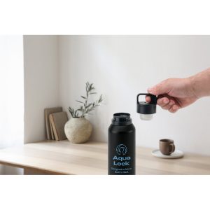 Garrafa em aço 91% inoxidável com parede dupla isolada a vácuo e botão que facilita sua abertura 590 mL - Brinde Corporativo Personalizado | Enova