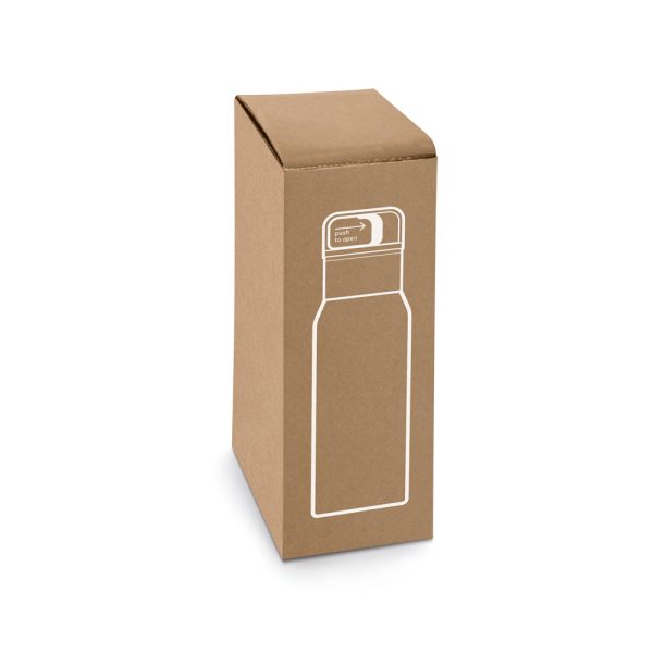 Garrafa em aço 91% inoxidável com parede dupla isolada a vácuo e botão que facilita sua abertura 590 mL - Brinde Corporativo Personalizado | Enova