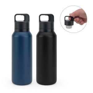 Garrafa em aço 91% inoxidável com parede dupla isolada a vácuo e botão que facilita sua abertura 590 mL - Enova Brindes Personalizados