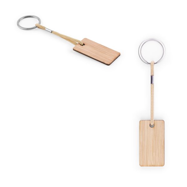 Chaveiro retangular em bambu com cordão em PET - Enova Brindes Personalizados
