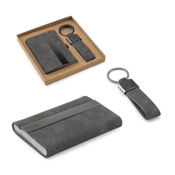 Conjunto composto por um porta-cartões e chaveiro, ambos em metal e poliéster reciclado (30% rPET) - Enova Brindes Personalizados