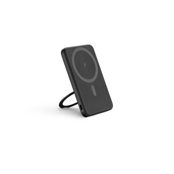 Bateria portátil magnética em ABS 100% reciclado com suporte, carregador wireless super-rápido 15W e capacidade de 5.000 mAh - Brinde Corporativo Personalizado | Enova