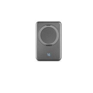 Bateria portátil magnética em ABS 100% reciclado com suporte, carregador wireless super-rápido 15W e capacidade de 5.000 mAh - Brinde Corporativo Personalizado | Enova