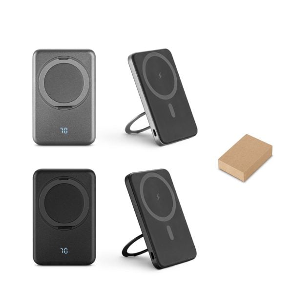 Bateria portátil magnética em ABS 100% reciclado com suporte, carregador wireless super-rápido 15W e capacidade de 5.000 mAh - Enova Brindes Personalizados