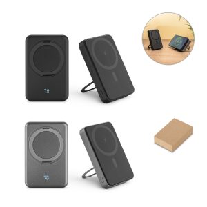 Bateria portátil magnética em ABS 100% reciclado com suporte, carregador wireless super-rápido 15W e capacidade de 10.000 mAh - Enova Brindes Personalizados