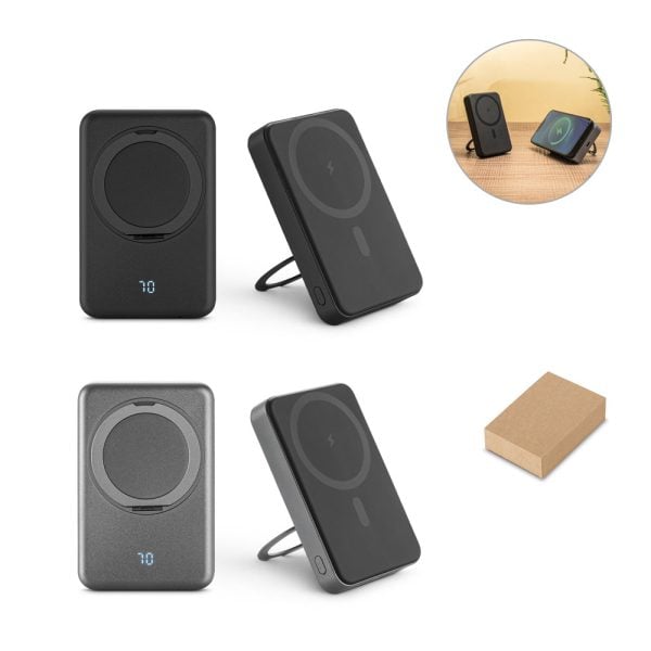 Bateria portátil magnética em ABS 100% reciclado com suporte, carregador wireless super-rápido 15W e capacidade de 10.000 mAh - Enova Brindes Personalizados