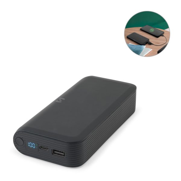 Bateria portátil em ABS 100% reciclado com carregador wireless super-rápido 15W e capacidade de 20.000 mAh - Enova Brindes Personalizados