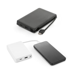 Bateria portátil em ABS 100% reciclado, com cabo integrado e capacidade de 10’000 mAh - Enova Brindes Personalizados