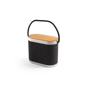 Caixa de som de 15W com carregador wireless super-rápido 15W e 2h de autonomia em bambu e PET 100% reciclado - Brinde Corporativo Personalizado | Enova