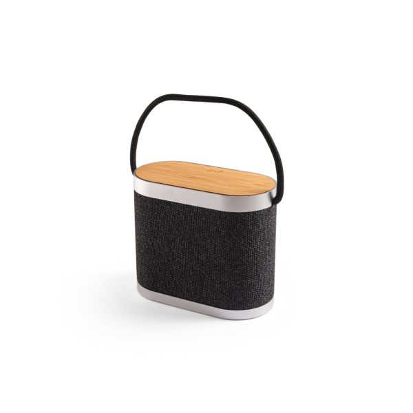 Caixa de som de 15W com carregador wireless super-rápido 15W e 2h de autonomia em bambu e PET 100% reciclado - Brinde Corporativo Personalizado | Enova