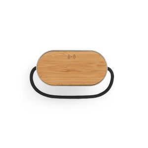 Caixa de som de 15W com carregador wireless super-rápido 15W e 2h de autonomia em bambu e PET 100% reciclado - Brinde Corporativo Personalizado | Enova