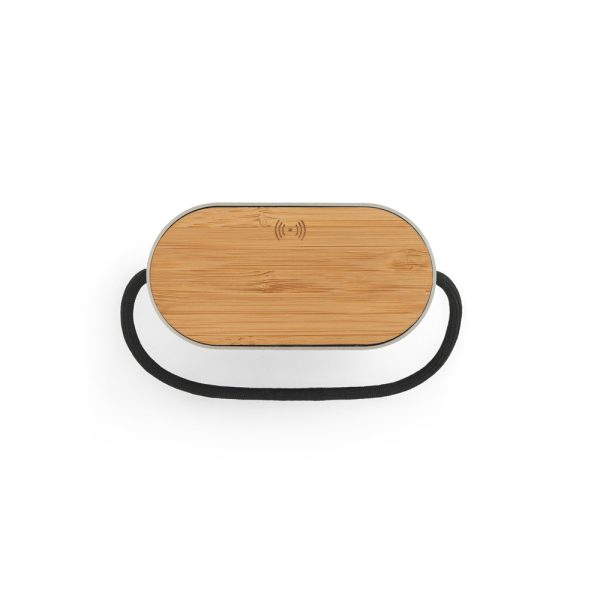 Caixa de som de 15W com carregador wireless super-rápido 15W e 2h de autonomia em bambu e PET 100% reciclado - Brinde Corporativo Personalizado | Enova