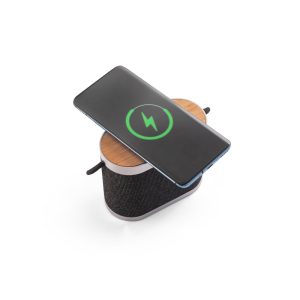 Caixa de som de 15W com carregador wireless super-rápido 15W e 2h de autonomia em bambu e PET 100% reciclado - Brinde Corporativo Personalizado | Enova