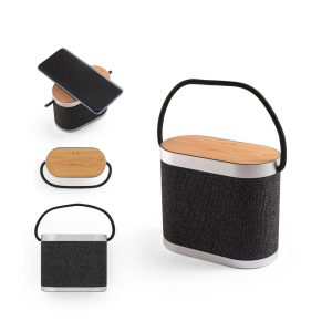 Caixa de som de 15W com carregador wireless super-rápido 15W e 2h de autonomia em bambu e PET 100% reciclado - Enova Brindes Personalizados