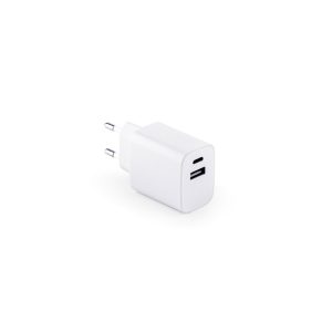 Adaptador de corrente com porta USB-A 18W e USB-C 20W em ABS 100% reciclado - Brinde Corporativo Personalizado | Enova