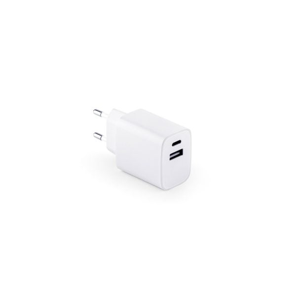 Adaptador de corrente com porta USB-A 18W e USB-C 20W em ABS 100% reciclado - Brinde Corporativo Personalizado | Enova