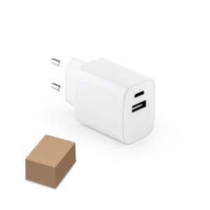 Adaptador de corrente com porta USB-A 18W e USB-C 20W em ABS 100% reciclado - Enova Brindes Personalizados