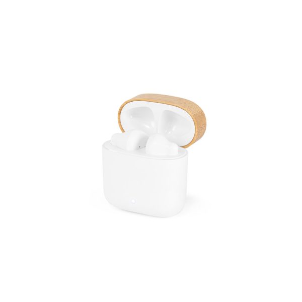 Fones de ouvido wireless em ABS 100% reciclado e bambu com autonomia de 5h - Brinde Corporativo Personalizado | Enova