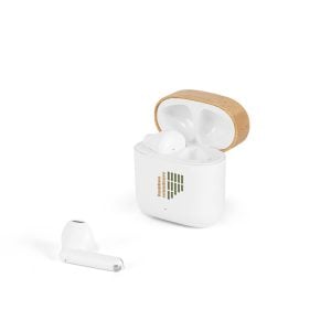 Fones de ouvido wireless em ABS 100% reciclado e bambu com autonomia de 5h - Brinde Corporativo Personalizado | Enova