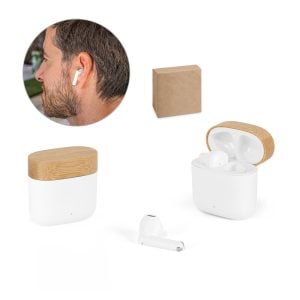 Fones de ouvido wireless em ABS 100% reciclado e bambu com autonomia de 5h - Enova Brindes Personalizados