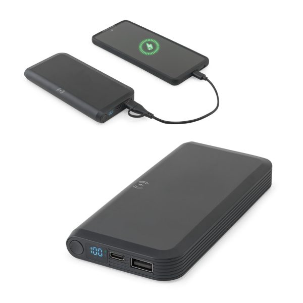 Bateria portátil em ABS 100% reciclado com carregador wireless super-rápido 15W e capacidade de 10.000 mAh - Enova Brindes Personalizados