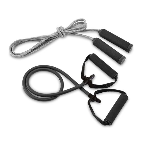 Conjunto fitness composto por elástico e corda de pular - Brinde Corporativo Personalizado | Enova