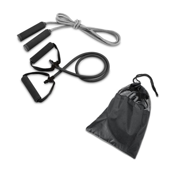 Conjunto fitness composto por elástico e corda de pular - Enova Brindes Personalizados