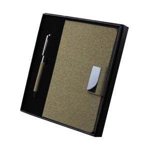 Kit escritório A5 em PU e fibra de café ou chá e Caneta Metalica - Brinde Corporativo Personalizado | Enova