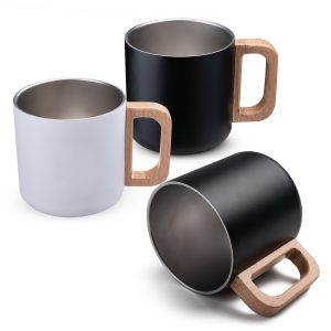 Caneca térmica com alça em madeira - Enova Brindes Personalizados