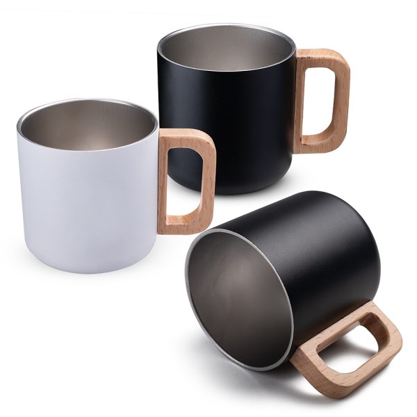 Caneca térmica com alça em madeira - Enova Brindes Personalizados