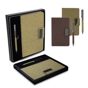 Kit escritório A5 em PU e fibra de café ou chá e Caneta Metalica - Enova Brindes Personalizados