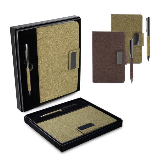Kit escritório A5 em PU e fibra de café ou chá e Caneta Metalica - Enova Brindes Personalizados