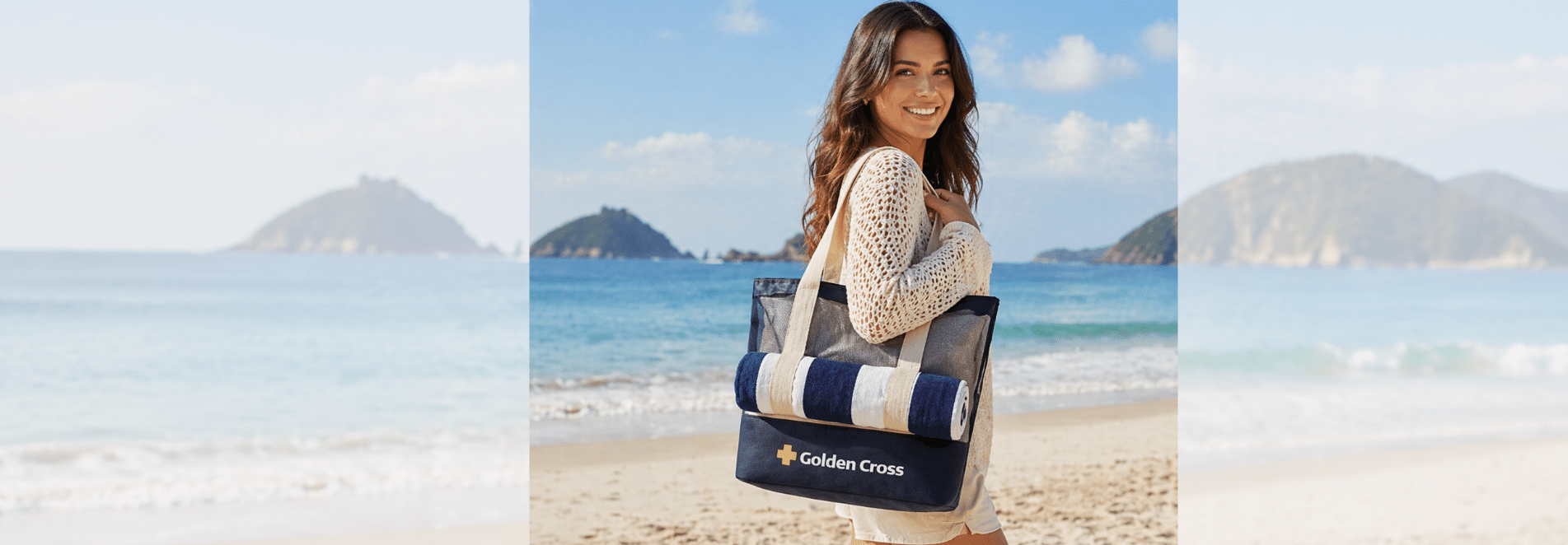Bolsa personalizada com logo Golden Cross em praia, brinde corporativo fabricado no Brasil pela Enova